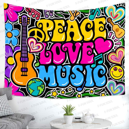 F-FUN SOUL Peace Love and Music Tapestry, 80x60inches Soft Flannel, Guitar Symbol Dove Flowers