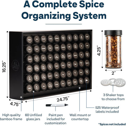 AllSpice Spice Rack Organizer, Wood, 525 Unique Labels, Countertop or Wall Mount, Includes 60 4oz
