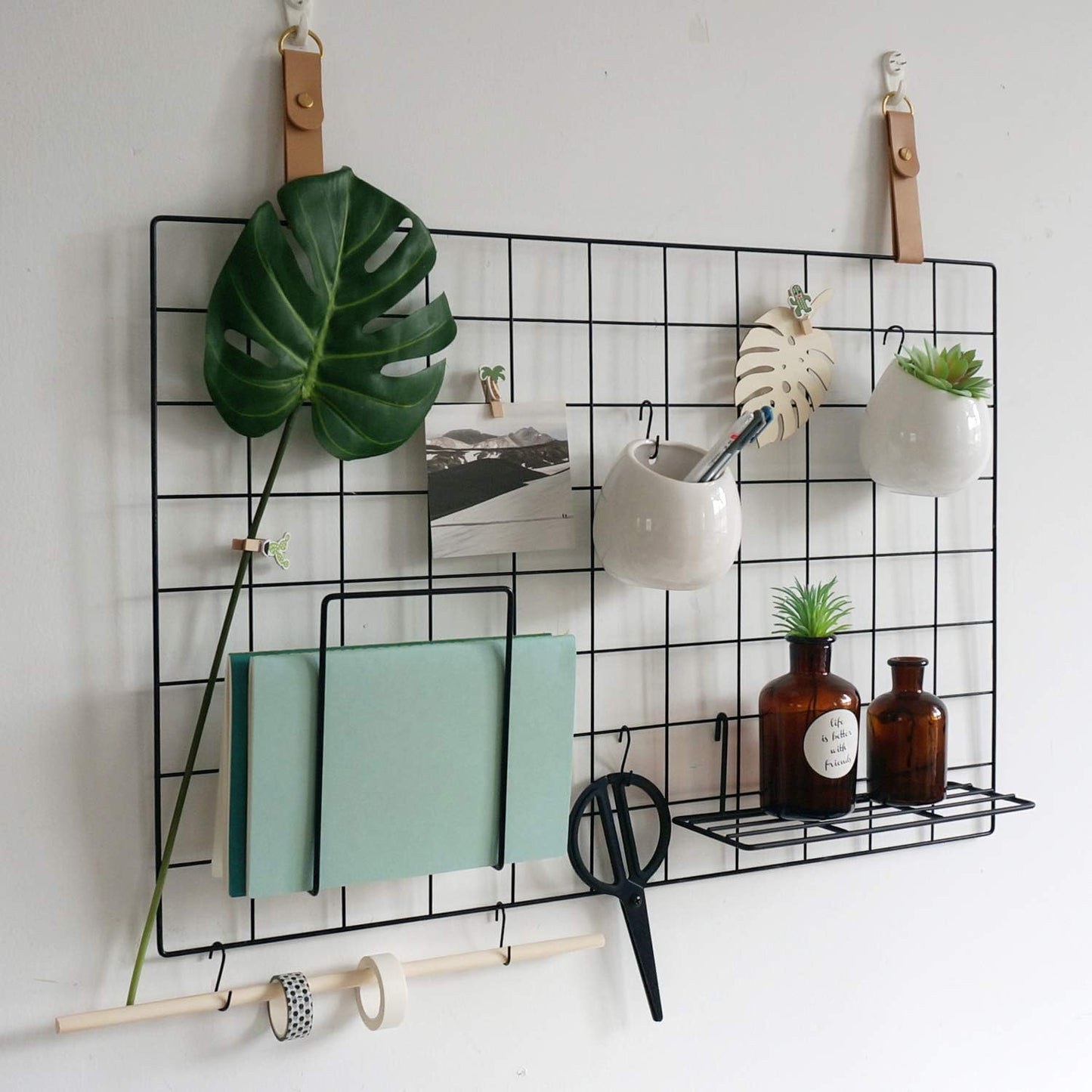 FRIADE Wall Grid Panel Hanging Basket with Hooks,Bookshelf,Display Shelf,Wall Organizer and Metal