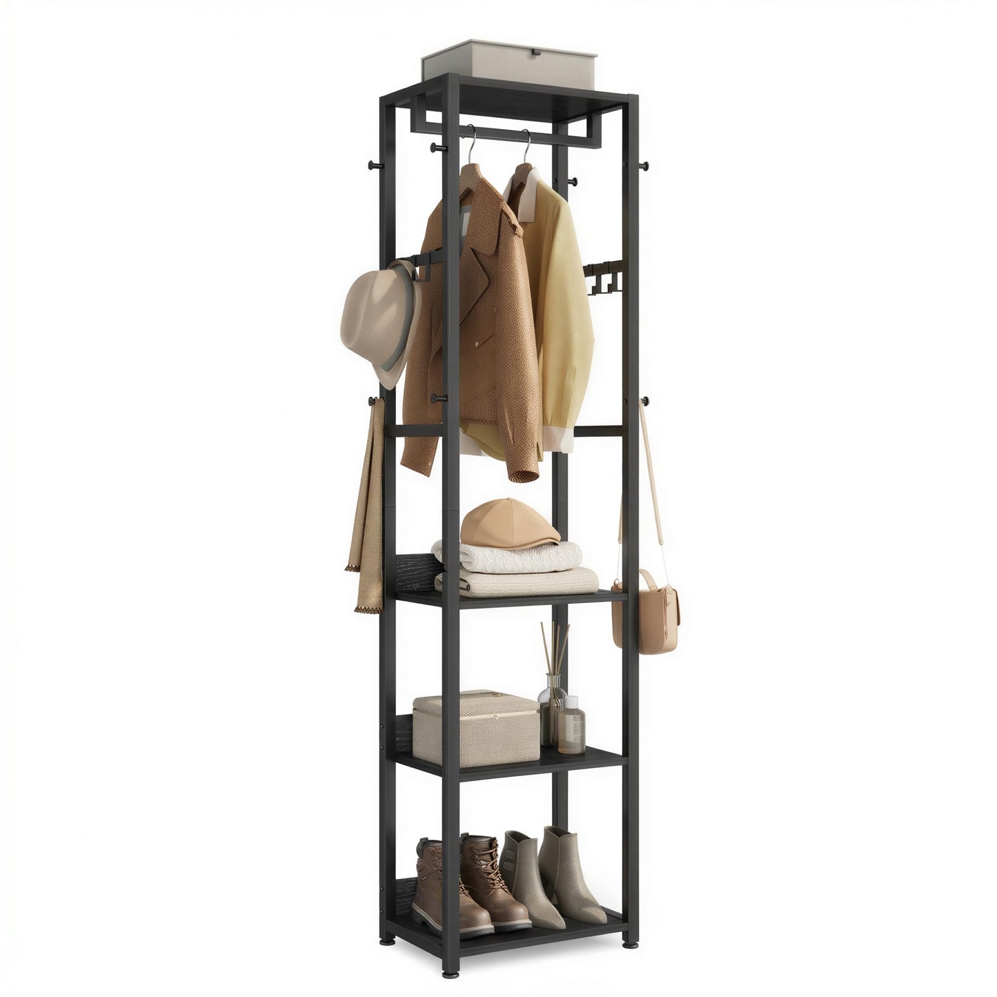 VASAGLE Coat Rack, Freestanding Hall Tree with Shelves, Hanging Rail, and Hooks, Space-Saving Coat