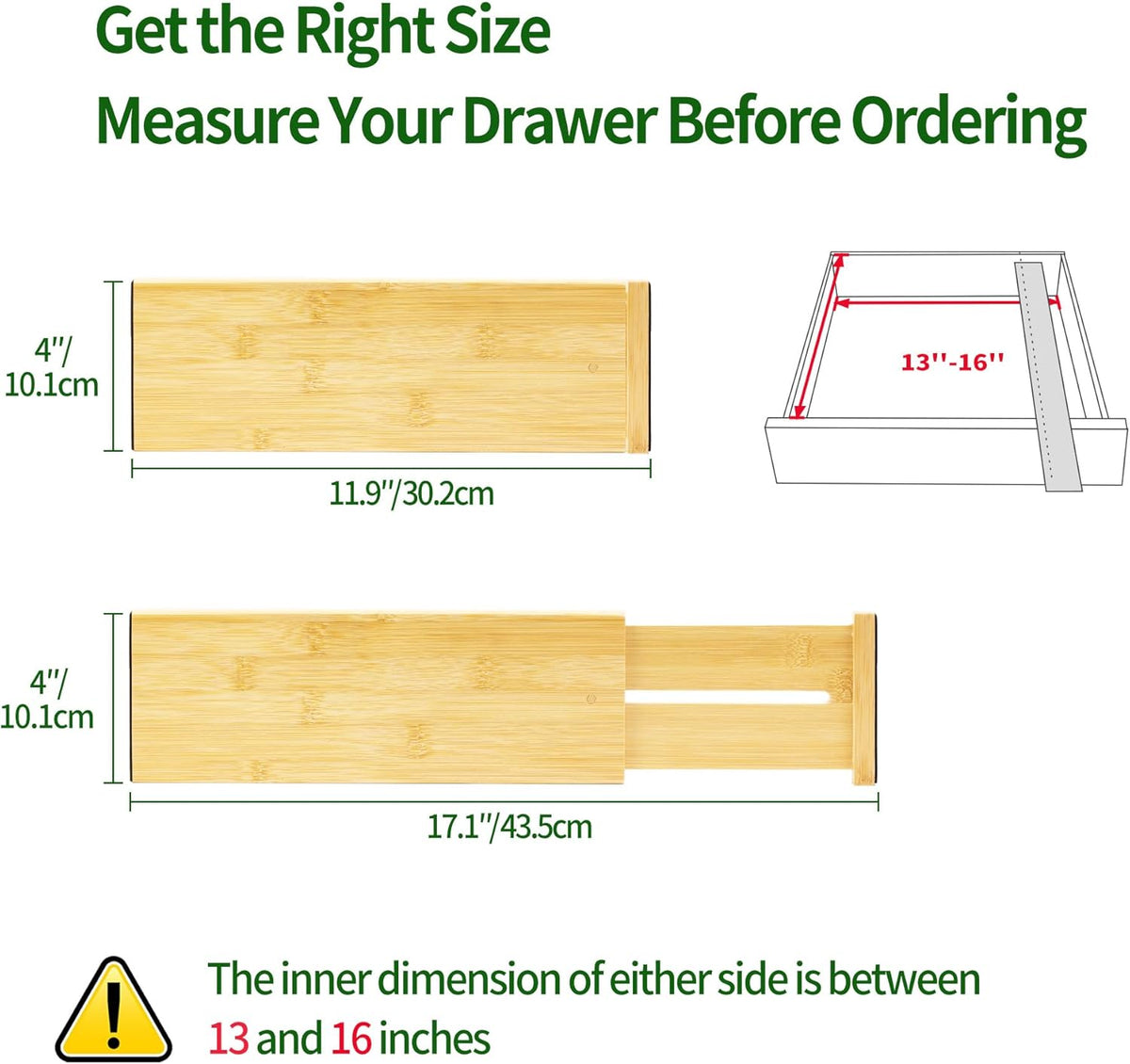 VaeFae 3 Pack Bamboo Drawer Dividers, 4" High Adjustable 11.9-17.1" Clothes Drawer Organizers