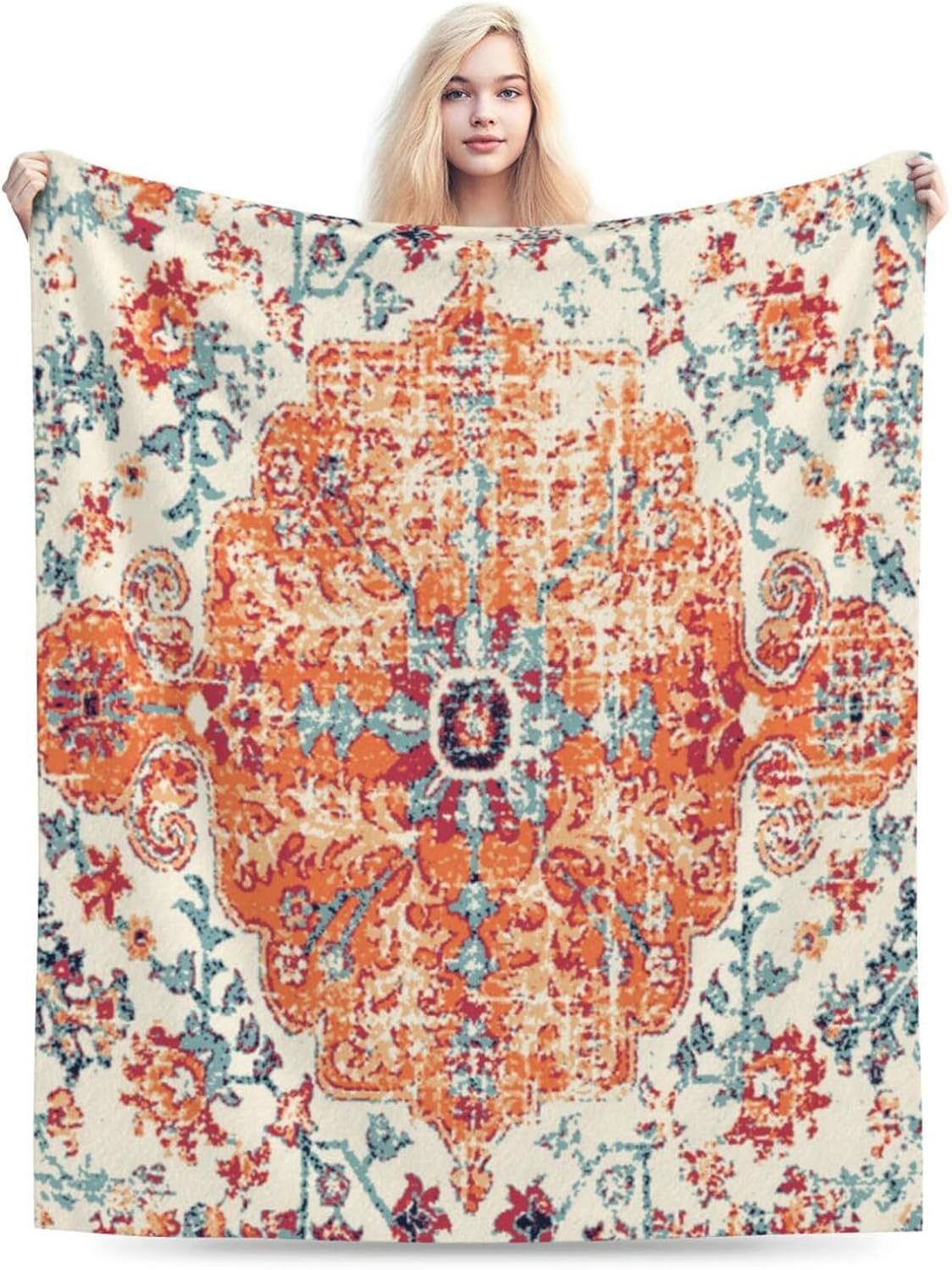 HGOD DESIGNS Carpet Pattern Throw Blanket Boho Style Ethnic Design Orange Blue Soft Blankets and