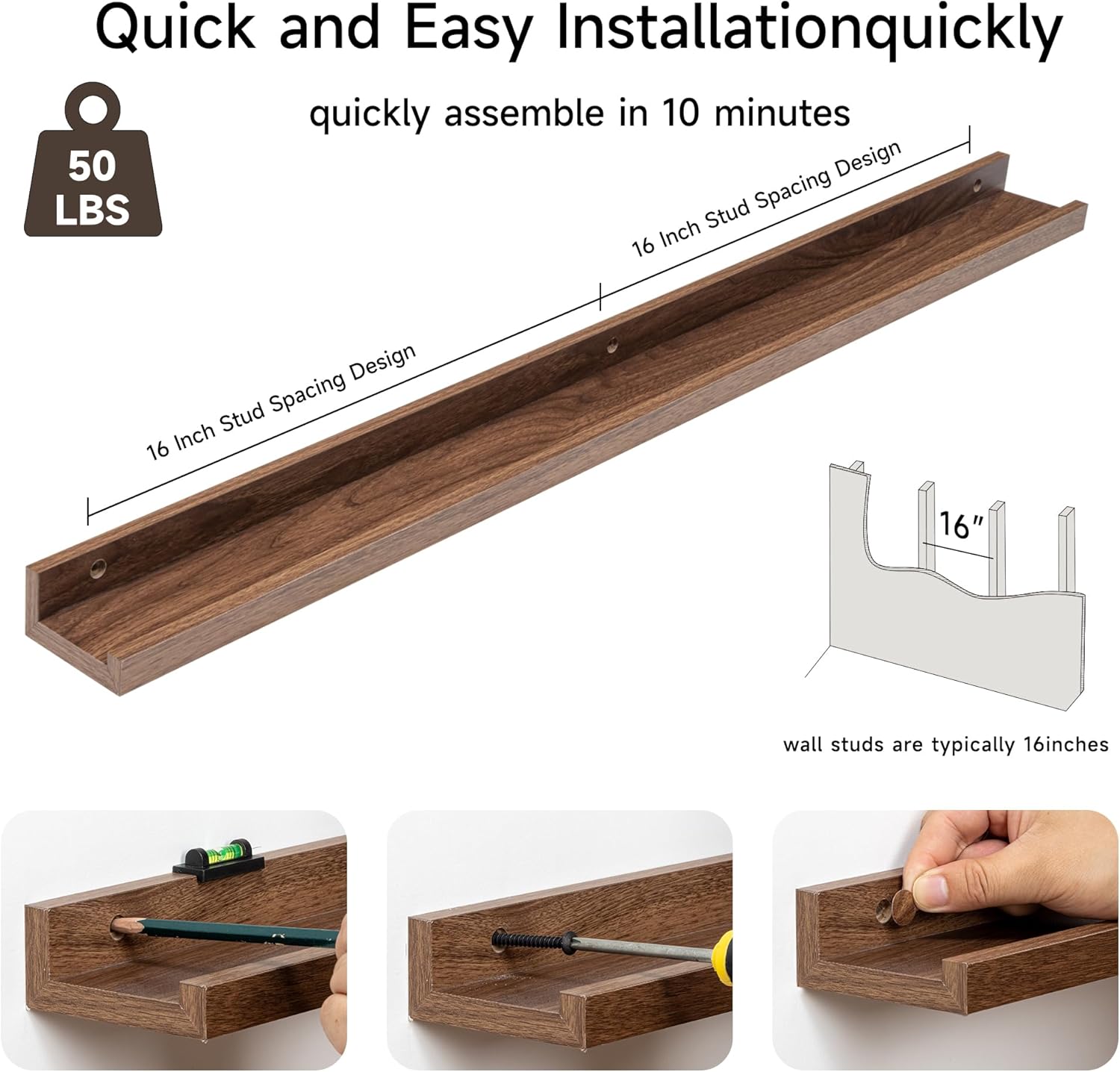 Fun Memories Picture Ledge Shelf, 36 Inch Floating Shelves Set of 2, Nursery Book Shelves for Toys