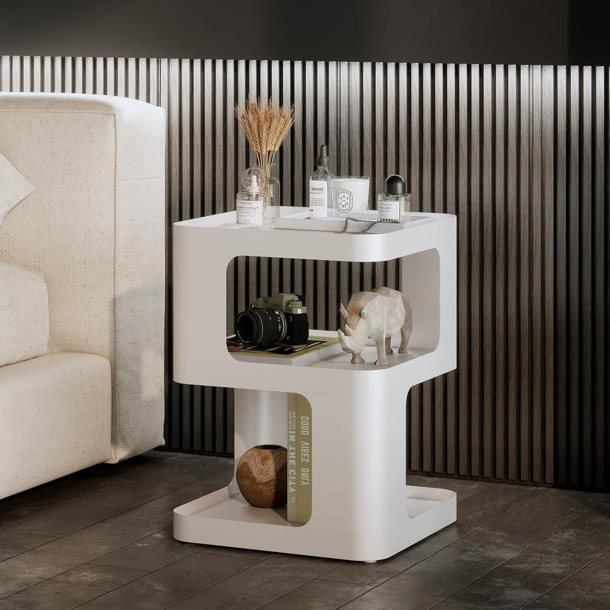 Modern Side Table,White end Table,Unique nightstand,Bedside Table,Metal 3-Tier Night Stand with