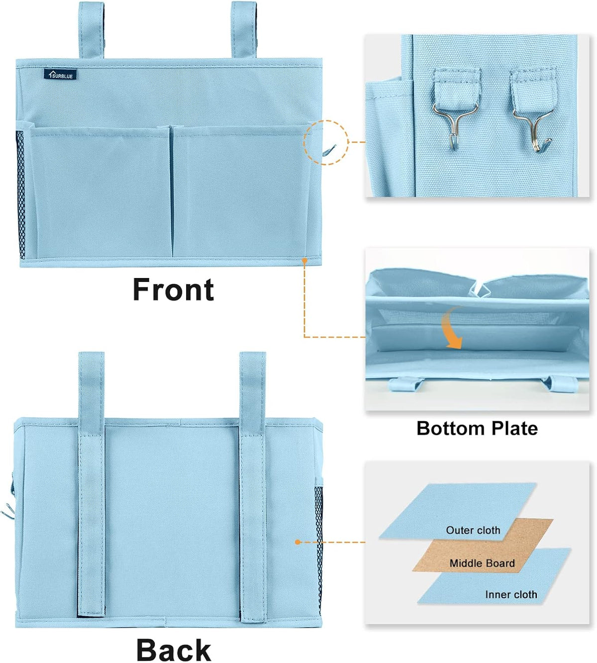 Surblue Bedside Caddy Hanging Organizer Bedside Storage Bag for Bunk and Hospital Beds (Small