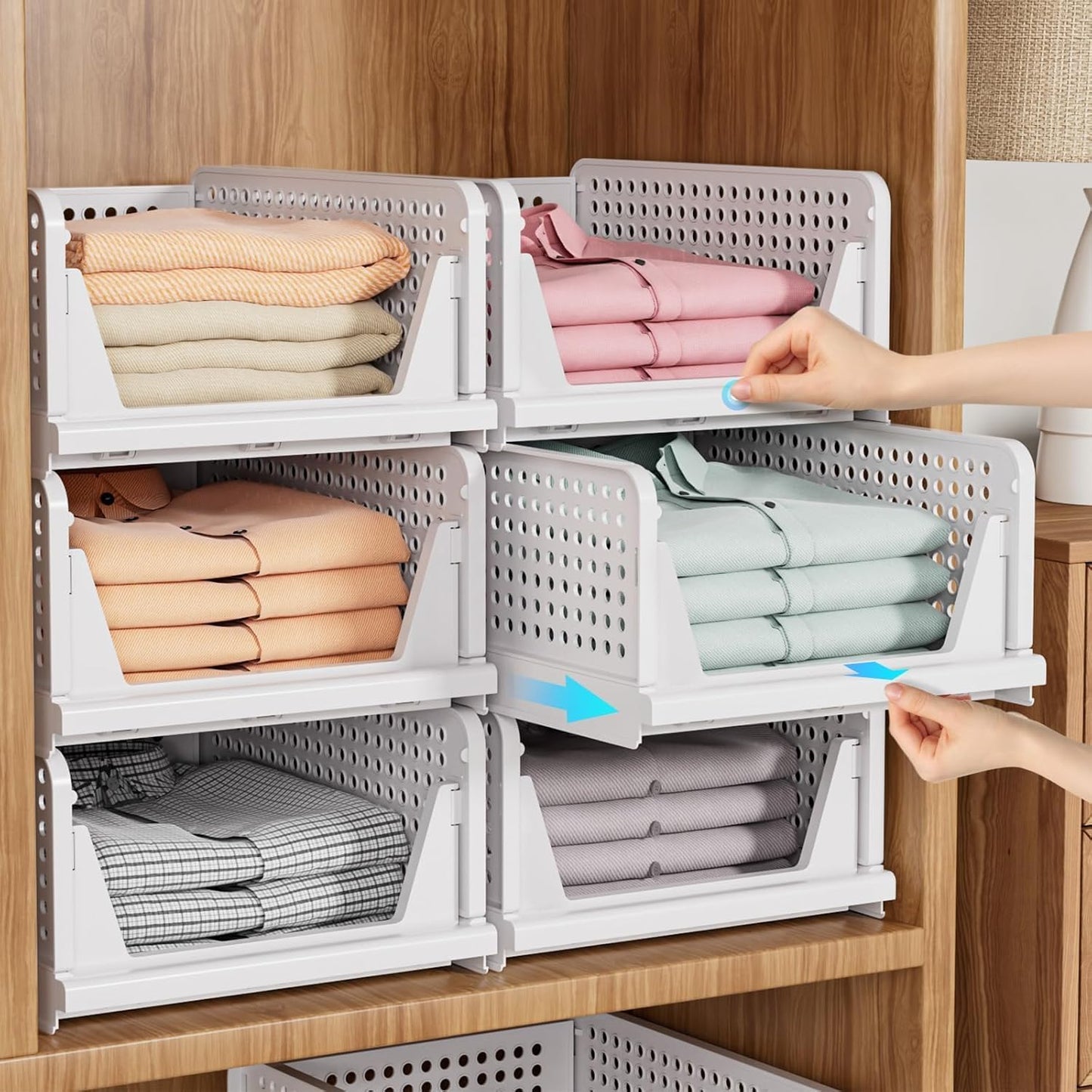 SNSLXH 5 Pack Stackable Closet Storage Basket, Multifunctional & Foldable Closet Organizer for