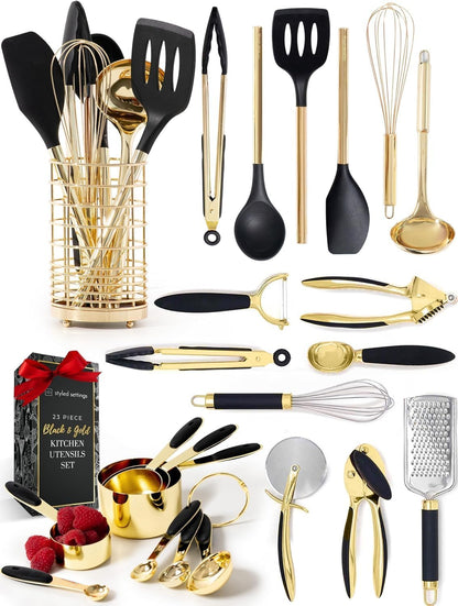 Black and Gold Kitchen Utensils Set - 23-Piece Luxury Kitchen Accessories Includes Gold Measuring