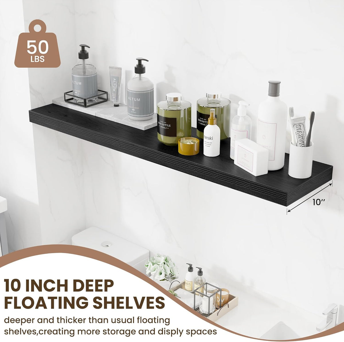 Fun Memories 10 Inch Deep Shelves, Floating Shelves for Wall 48 Inches Long, Wood Floating Shelves