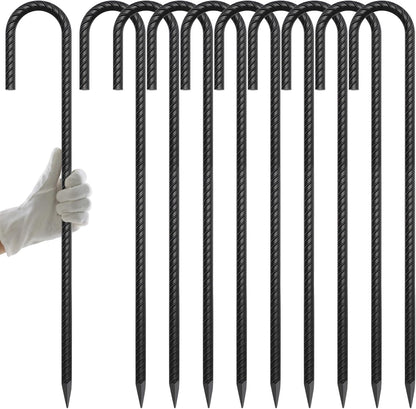 AAGUT 24” Rebar Ground Stakes (10pcs) Heavy Duty 1/2" J Hook Fence Anchors Curved Steel Garden