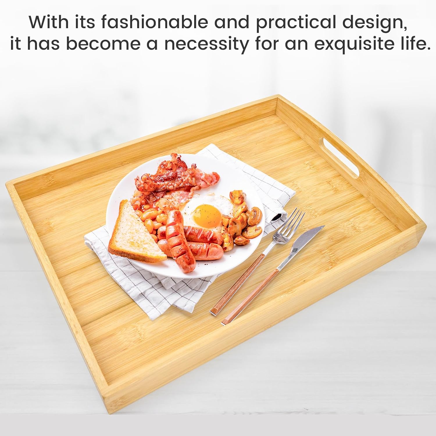 Bamboo Serving Tray with Handles Set of 2 - Decorative Wooden Trays for Eating, Working, and
