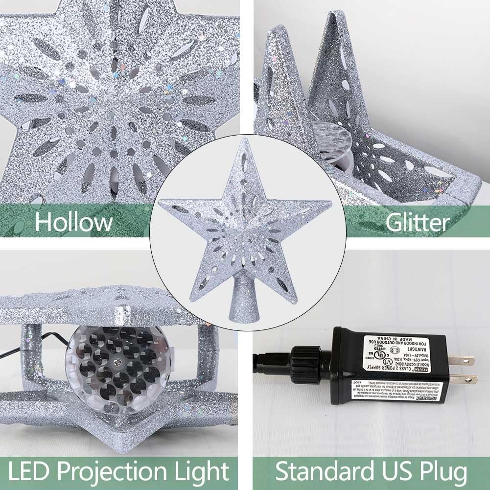 OurWarm Christmas Tree Topper Lighted Star Tree Toppers with LED Rotating Snowflake Projector