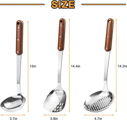 FJNATINH Stainless Steel Wok Spatula,Ladle,Skimmer Ladle Tool Set,Mirror Polished Cooking Utensils