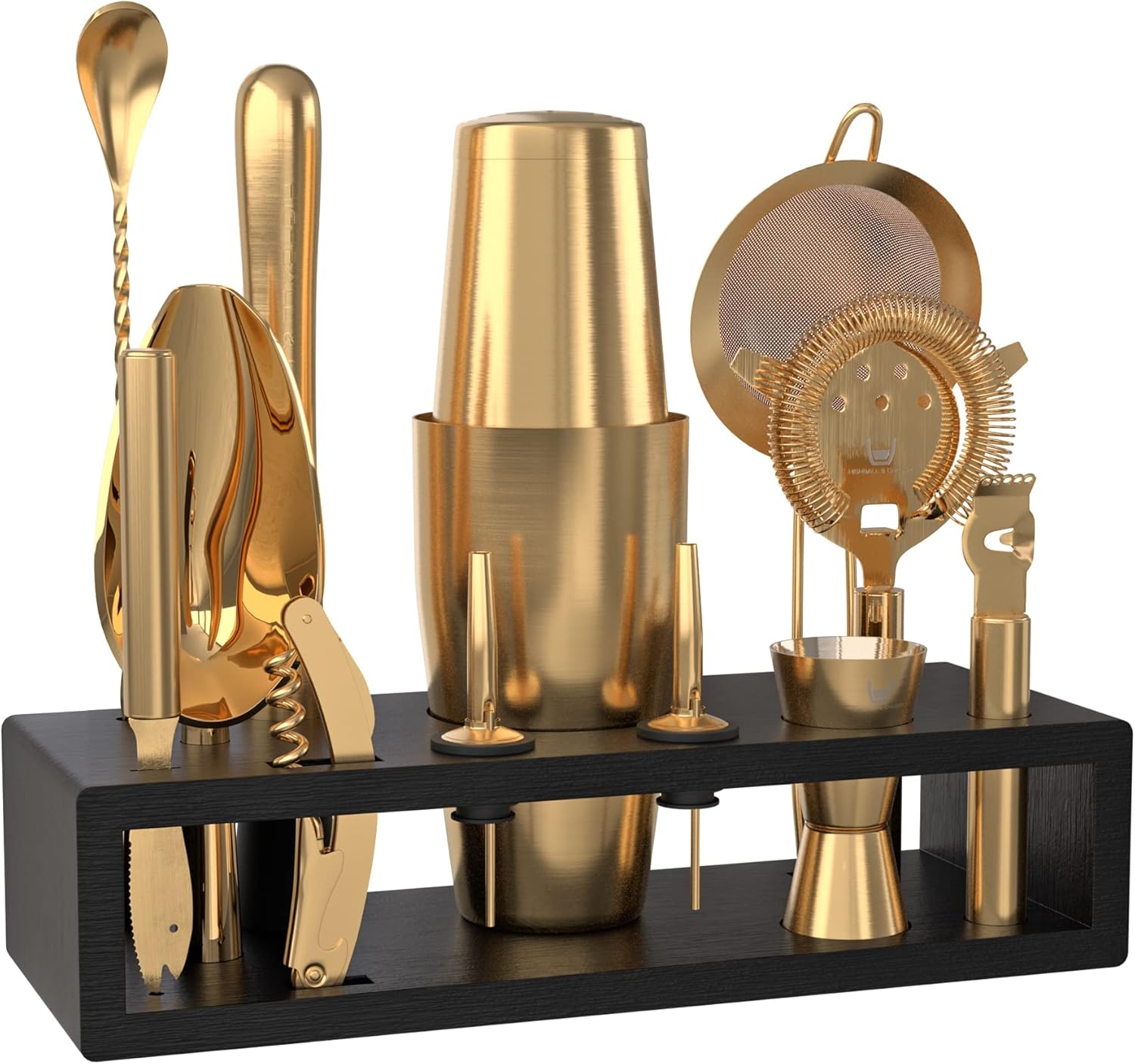 Highball & Chaser Bartender Kit with Black Bamboo Stand Beautiful Cocktail Shaker Set and Bar Tools