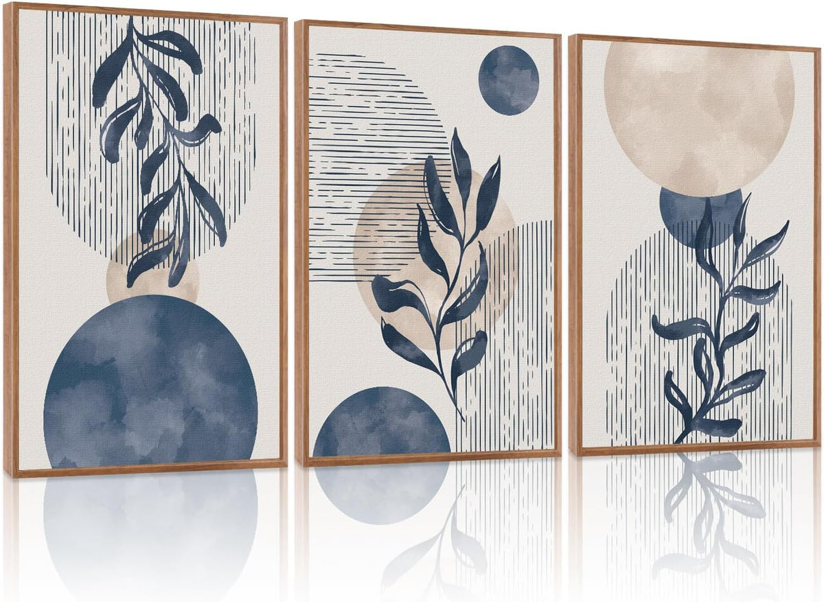 KAIRNE Boho Plant Wall Art Set of 3,Blue Bohemain Framed Canvas,Abstract Geometric Line Wall
