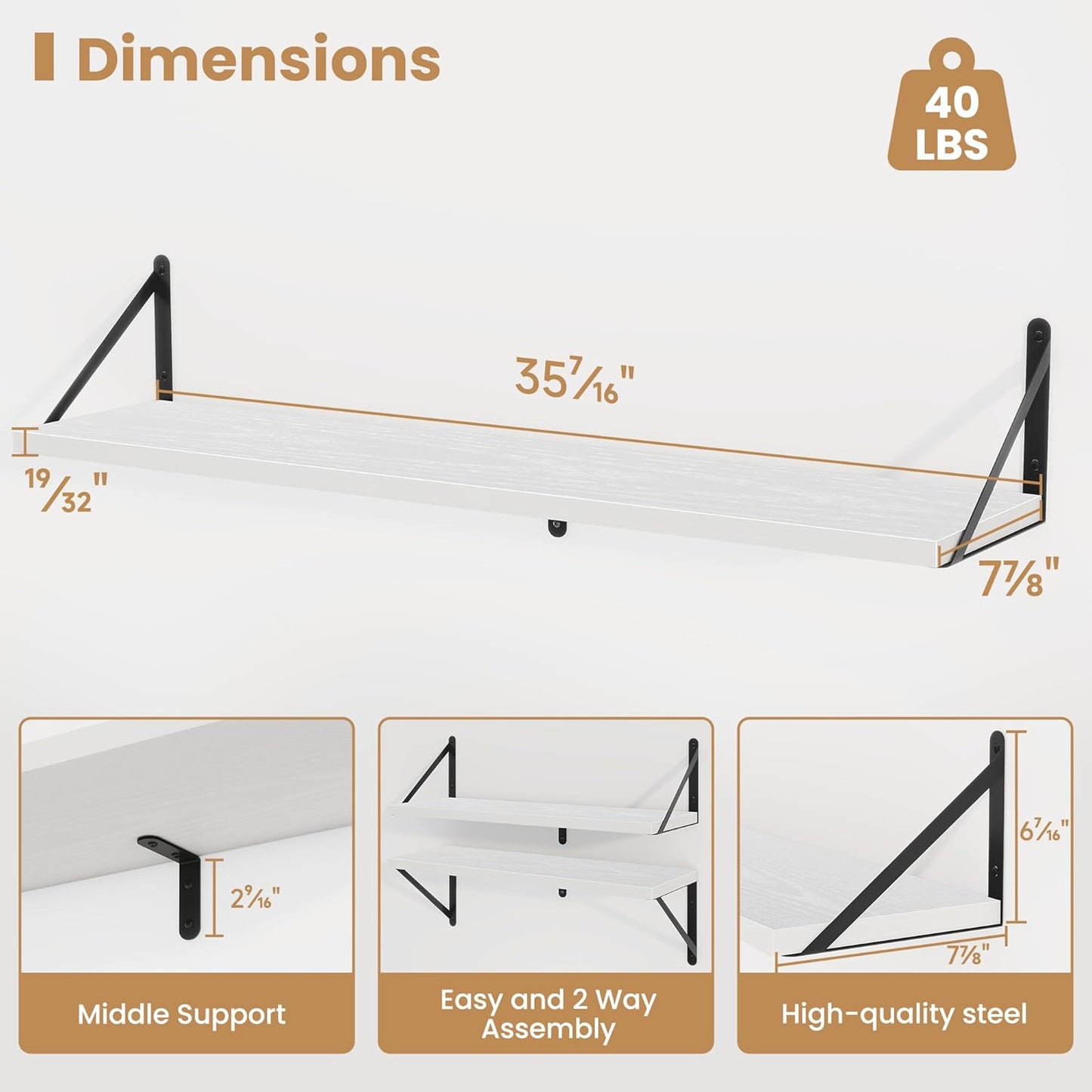Heimlove 36 Inch White Floating Bookshelves Set of 3,Heavy Duty Wall Mounted Bookshelves,Wall