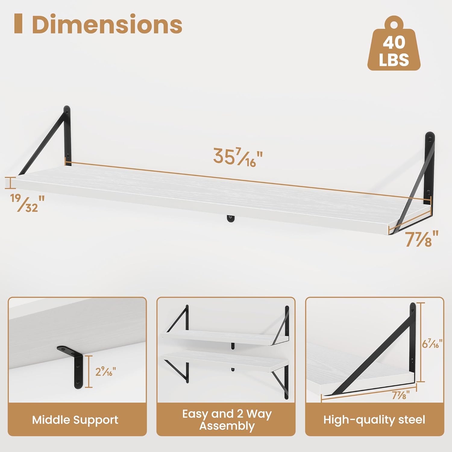 Heimlove 36 Inch White Floating Bookshelves Set of 3,Heavy Duty Wall Mounted Bookshelves,Wall