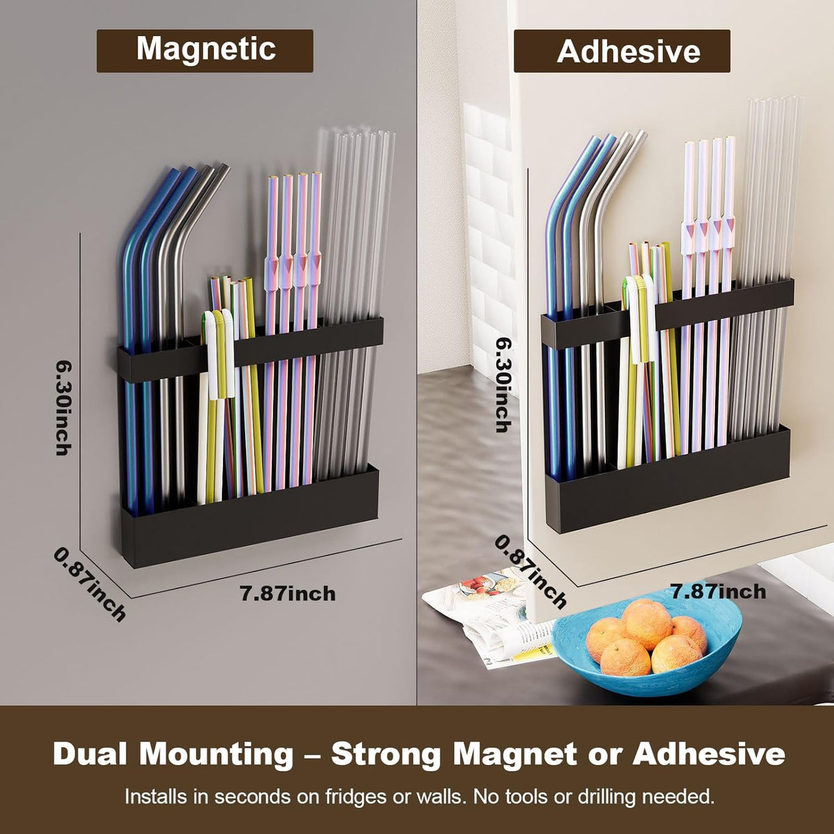 Magnetic & Adhesive Straw Organizer – Carbon Steel Utensil Holder for Reusable Straws, Chopsticks &