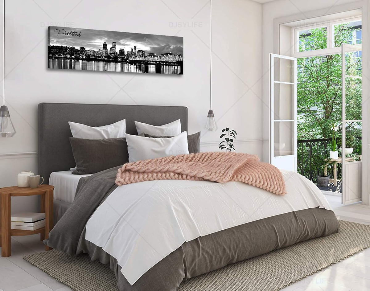 DJSYLIFE-Portland Skyline Canvas Print Modern City Landscape Wall Art USA Skyscraper Black and