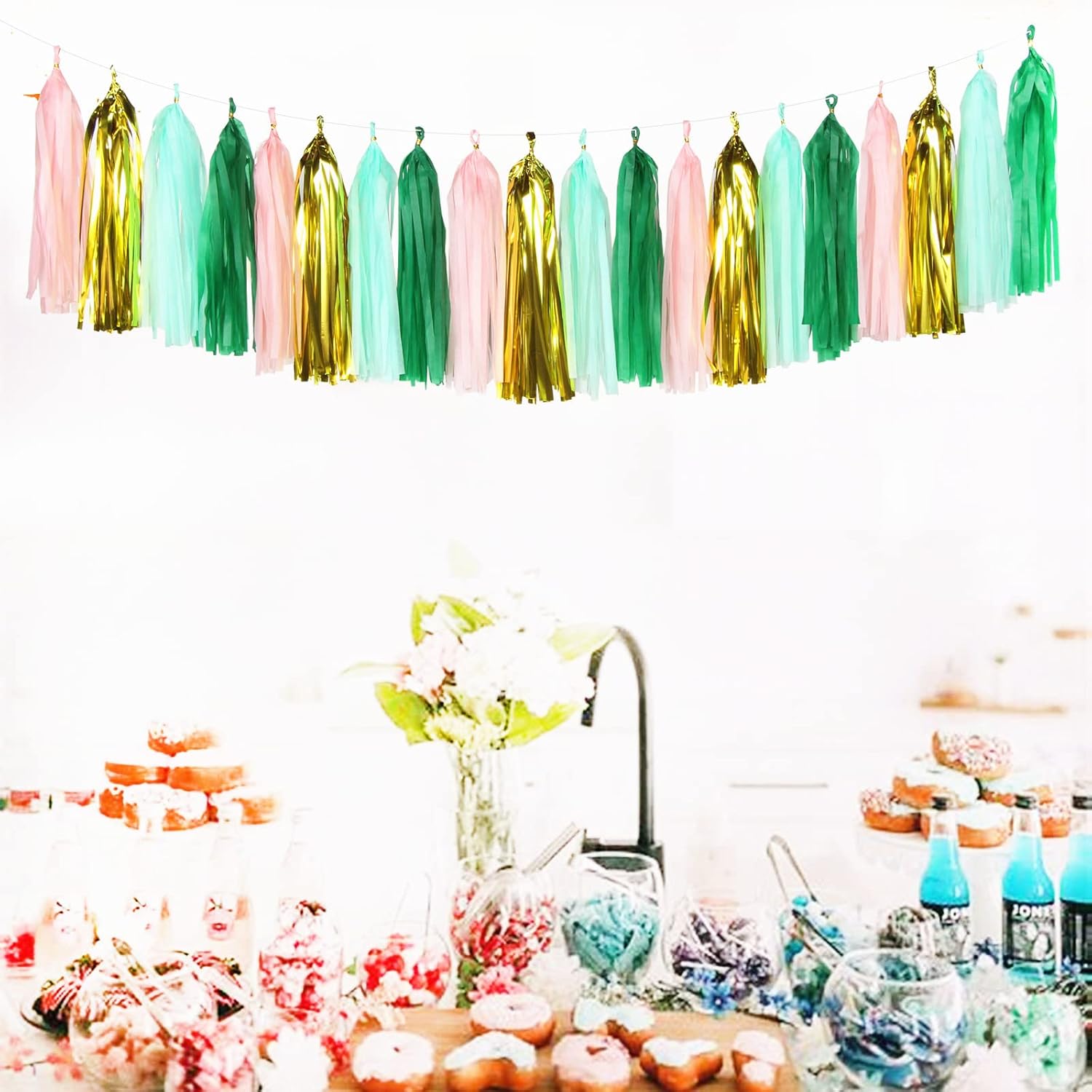 Sage-Green Pink-Gold Party-Decorations Tassel Garland - 20pcs Bachelorette Engagement Baby Bridal