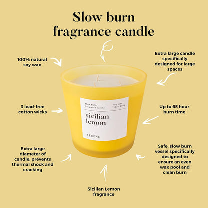 Hidden Label Large Scented Candle, Sicilian Lemon, 30oz 3 Wick Huge Candle, Serene Collection Slow