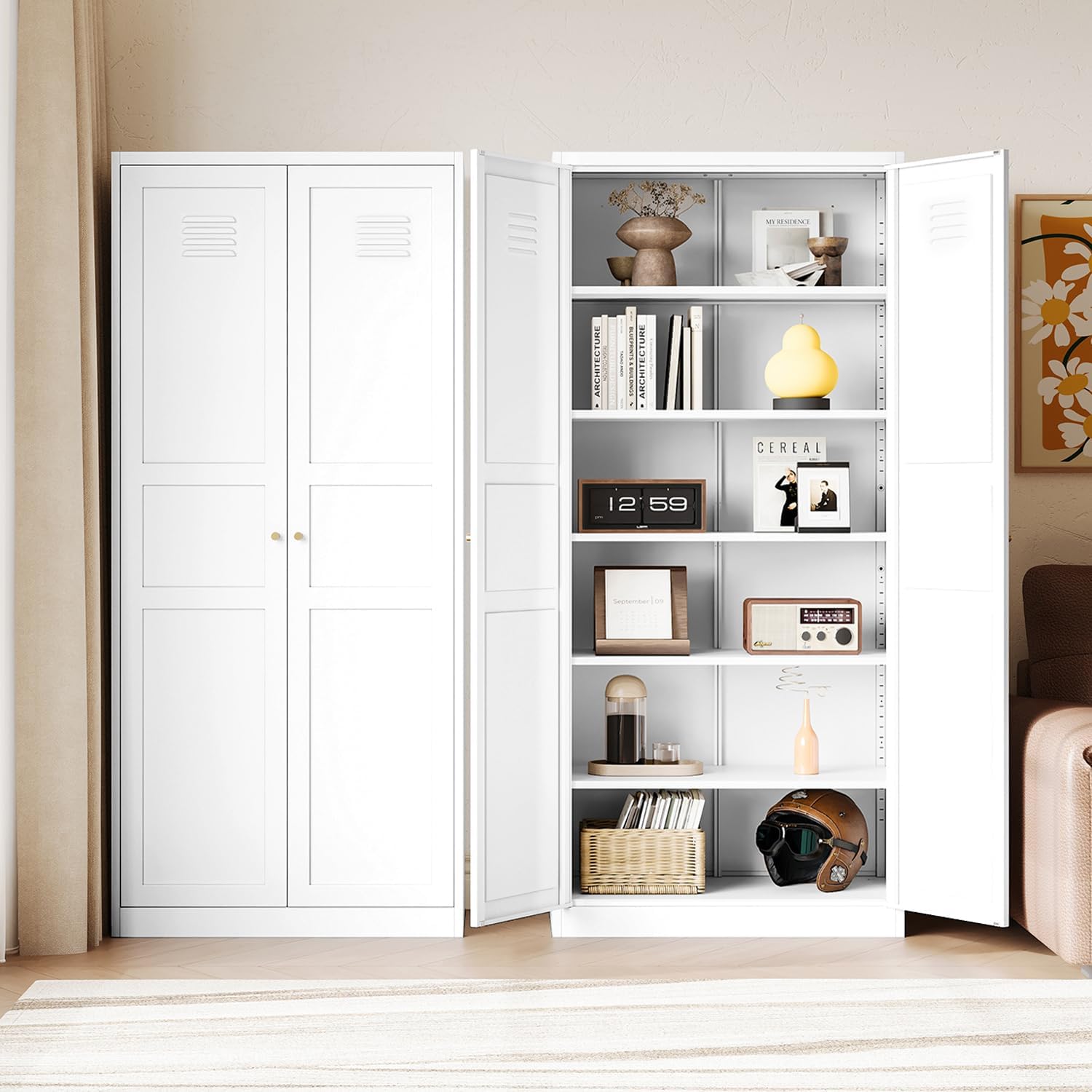 Letaya White Storage Cabinet with Adjustable Shelves-Metal Home Kitchen Pantry Cabinets with
