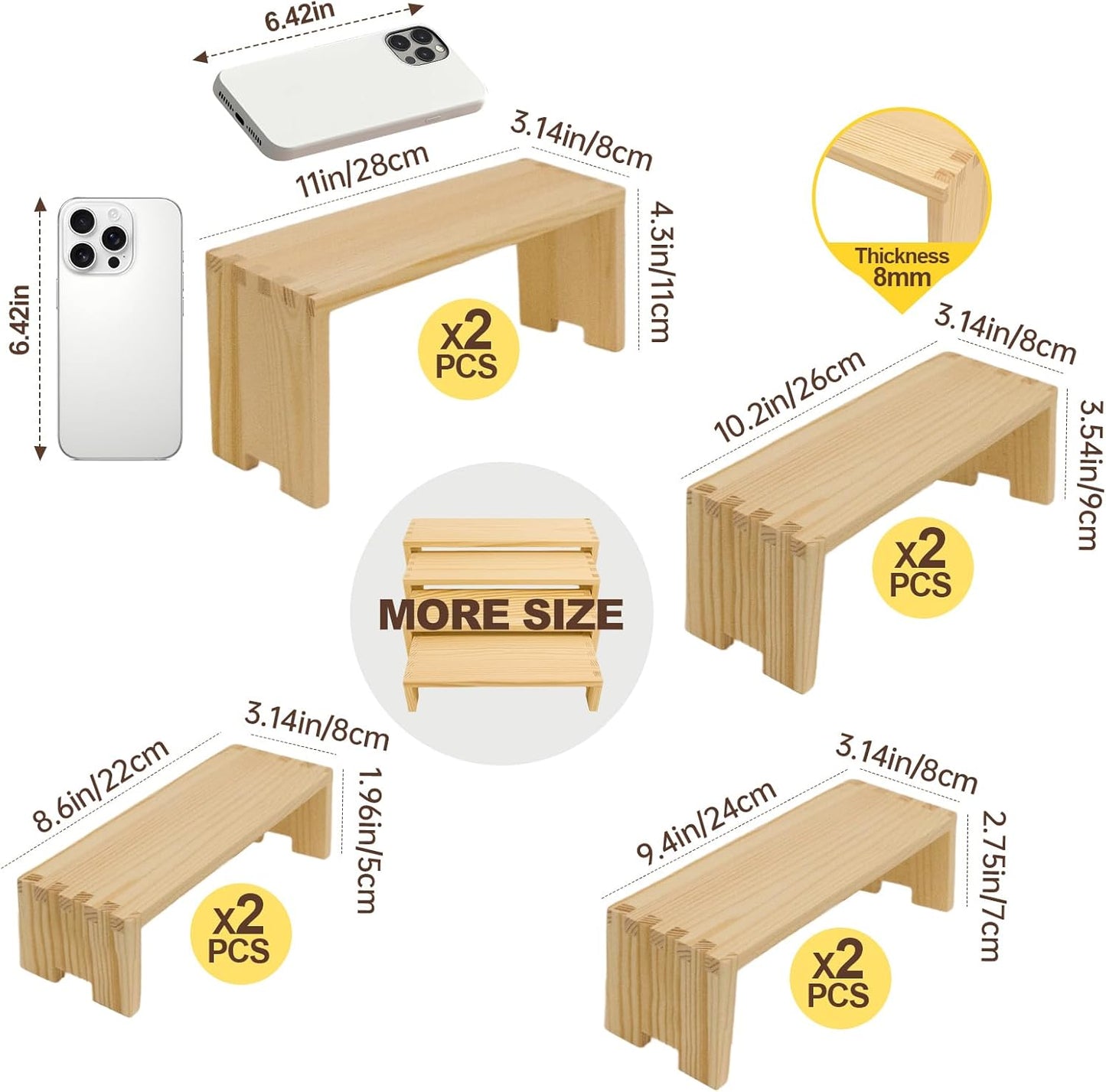 Large Display Wood Risers Wooden Stand 8 Tier Wood Racks Decorative Rectangular, 2 Set 8 Pieces
