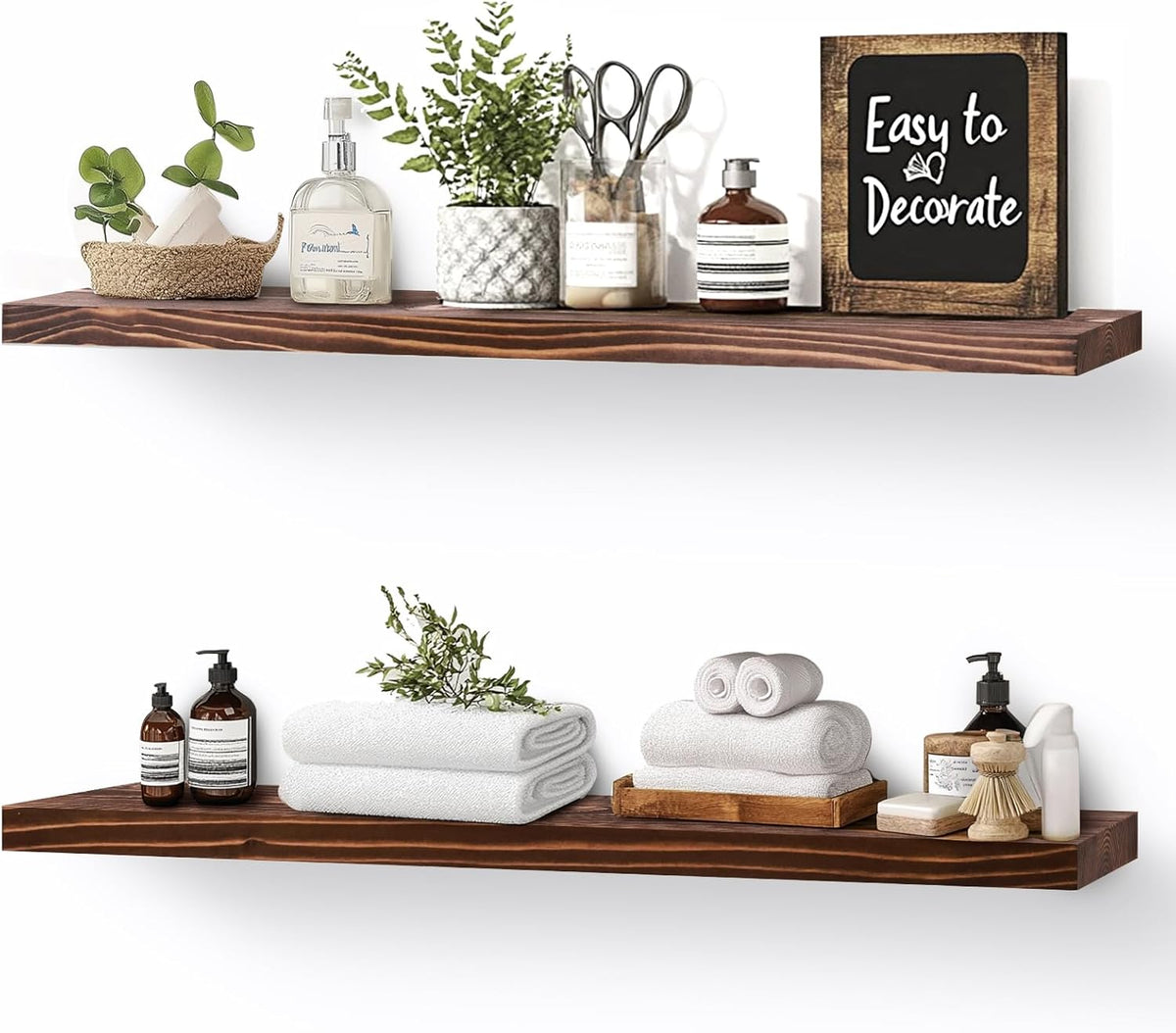 Floating Wall Shelves 2-Pack - 24-Inch Rustic Brown Wooden Shelves for Storage and Décor, Easy