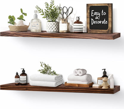 Floating Wall Shelves 2-Pack - 24-Inch Rustic Brown Wooden Shelves for Storage and Décor, Easy