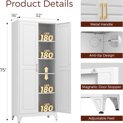 75" Kitchen Pantry Cabinet, White Metal Storage Cabinets with 2 Doors and 4 Adjustable Shelves