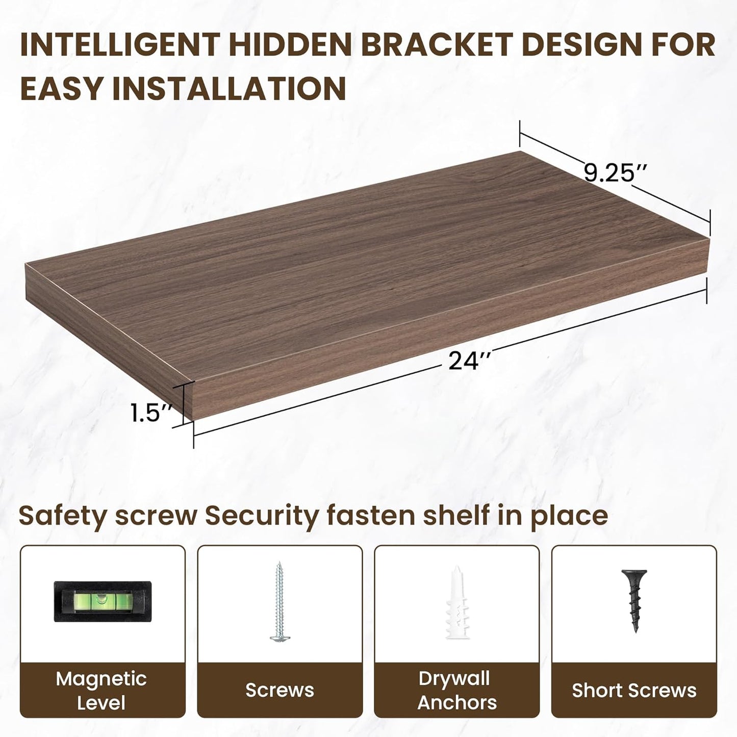 24 Inch Floating Shelves, 24"x9.25"x1.5" Inch Deep Floating Shelves for Wall, Wooden Shelves for