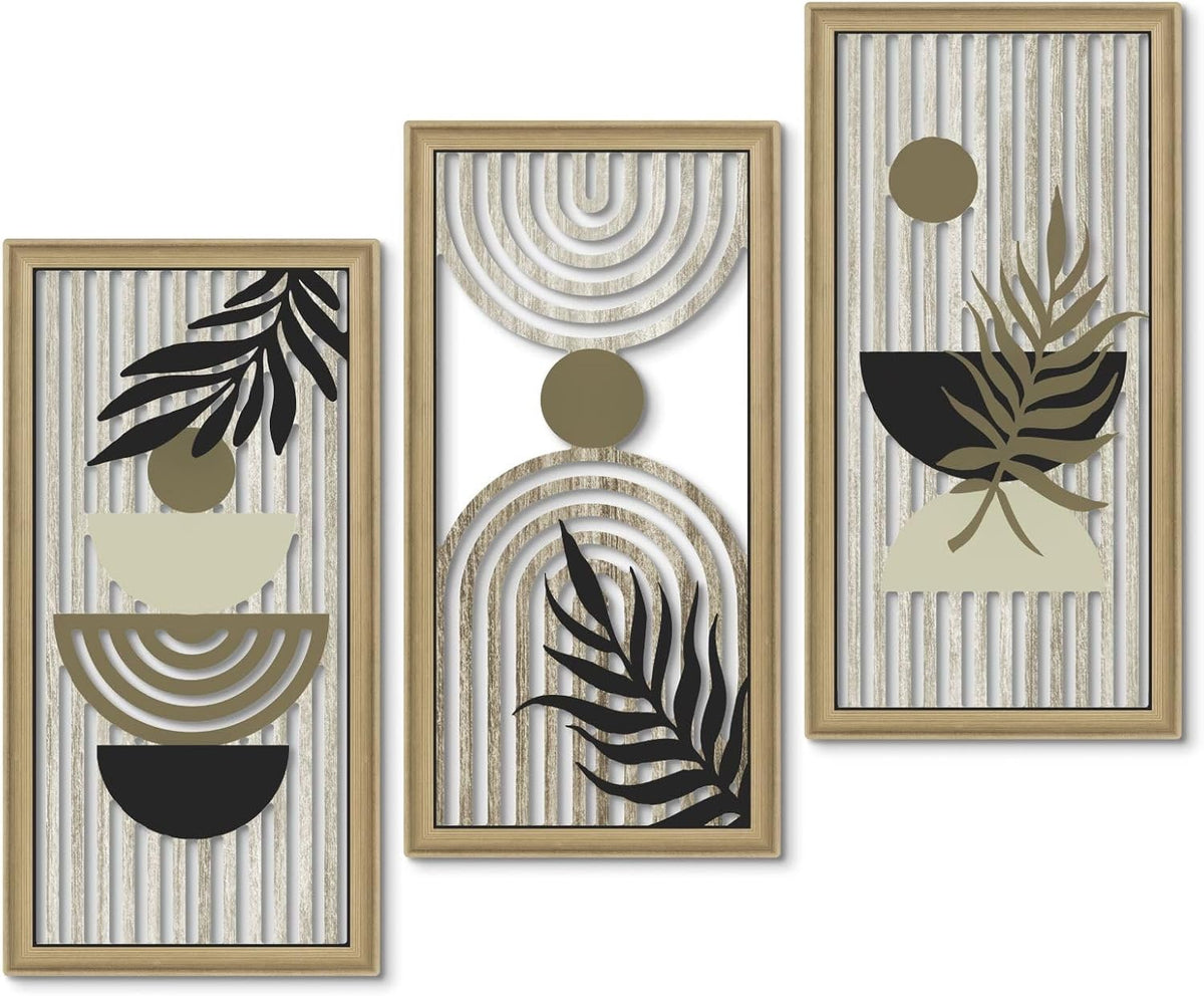 Putuo Decor Boho Abstract Wall Art, Set of 3, Modern Geometric Botanical Wooden Wall Decor