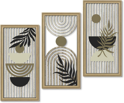 Putuo Decor Boho Abstract Wall Art, Set of 3, Modern Geometric Botanical Wooden Wall Decor