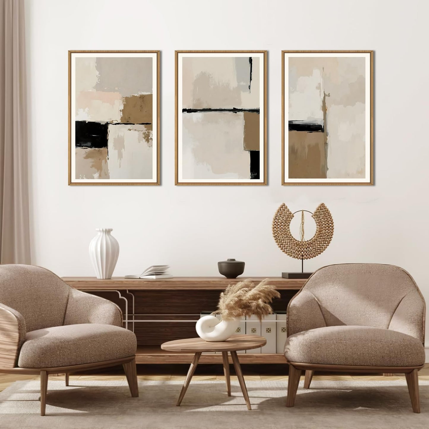 HPINUB Large Modern Abstract Framed Canvas Wall Art Set,Geometric Line Black White and Beige
