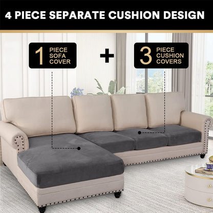 PrinceDeco Sectional Couch Covers 4 Pieces Velvet Separate Couch Cushion Covers L Shape for
