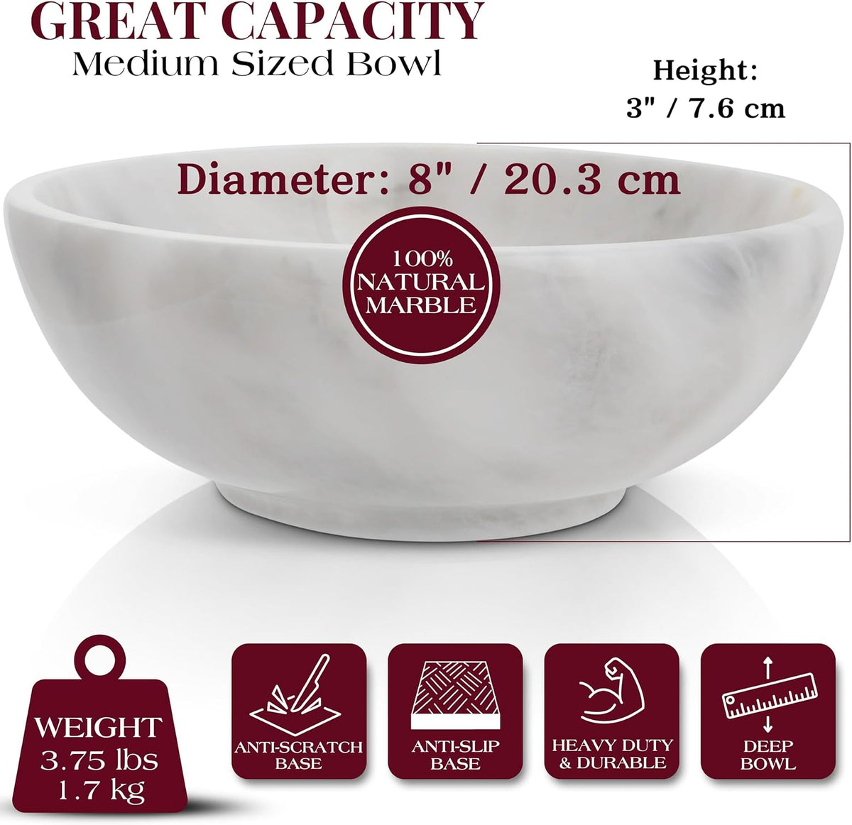 Gusto Nostro 8" Luxury White Marble Decorative Bowl for Coffee Table - Elegant Modern Fruit Bowl