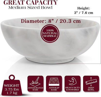 Gusto Nostro 8" Luxury White Marble Decorative Bowl for Coffee Table - Elegant Modern Fruit Bowl