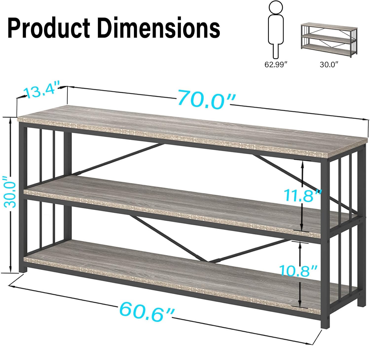 LVB Extra Long 3-Tier Sofa Table, Industrial Console Table with Storage Shelf, Modern Rustic Wood