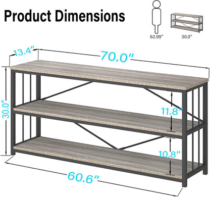 LVB Extra Long 3-Tier Sofa Table, Industrial Console Table with Storage Shelf, Modern Rustic Wood