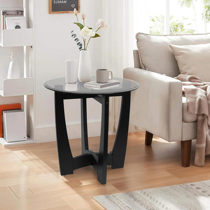 Glass End Table, 23.5" Round Side Tables with Black Tempered Glass Top Cross and Solid Wood Base