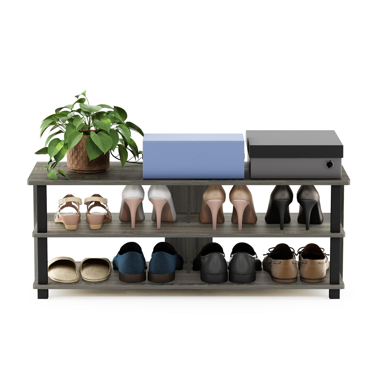 Furinno Turn-N-Tube Shoe Rack, 3-Tier Shoe Organizer, Compact Shoe Storage with Open Shelves, 15.5