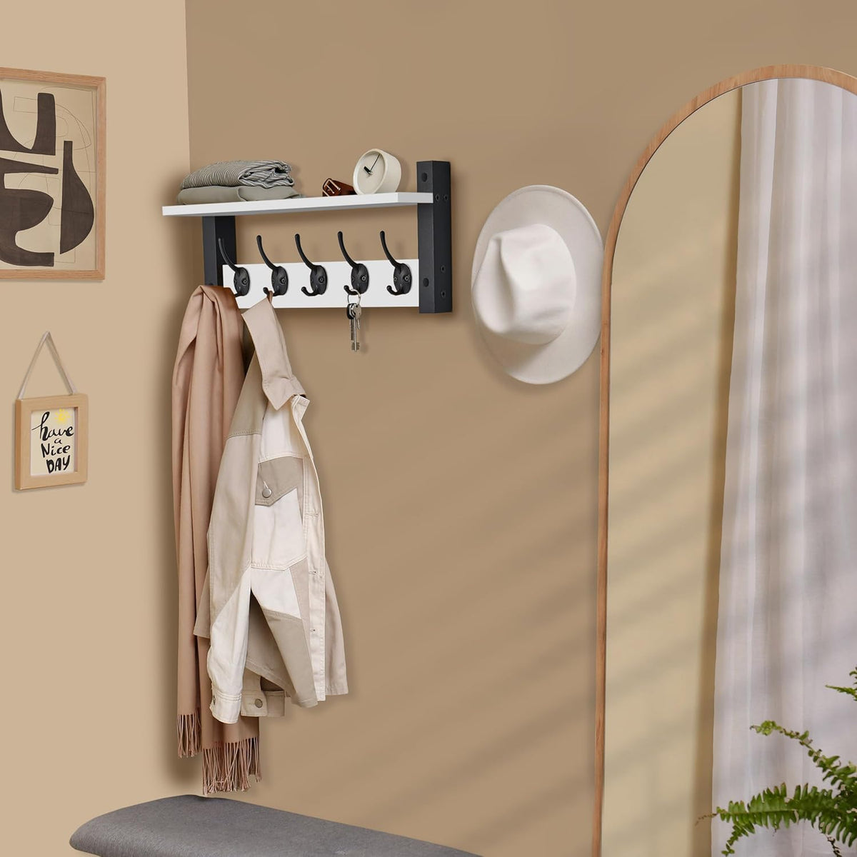 Sorbus Coat Hooks Wall Mount with Shelf – 16 Inch Coat Rack Wall Mount with 5 Heavy Duty Hooks