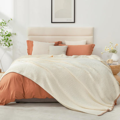 Snuggle Sac Cream Waffle Throw Blanket for Couch Bed Sofa 60x80 inches, Reversible Cream Blanket