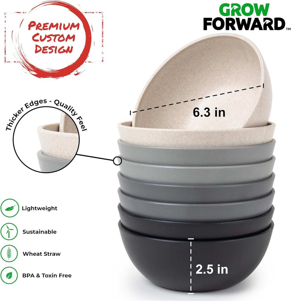 Grow Forward Premium Wheat Straw Bowls - 27oz Microwave Safe Plastic Cereal Bowls Set of 8 for