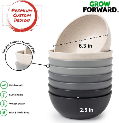 Grow Forward Premium Wheat Straw Bowls - 27oz Microwave Safe Plastic Cereal Bowls Set of 8 for