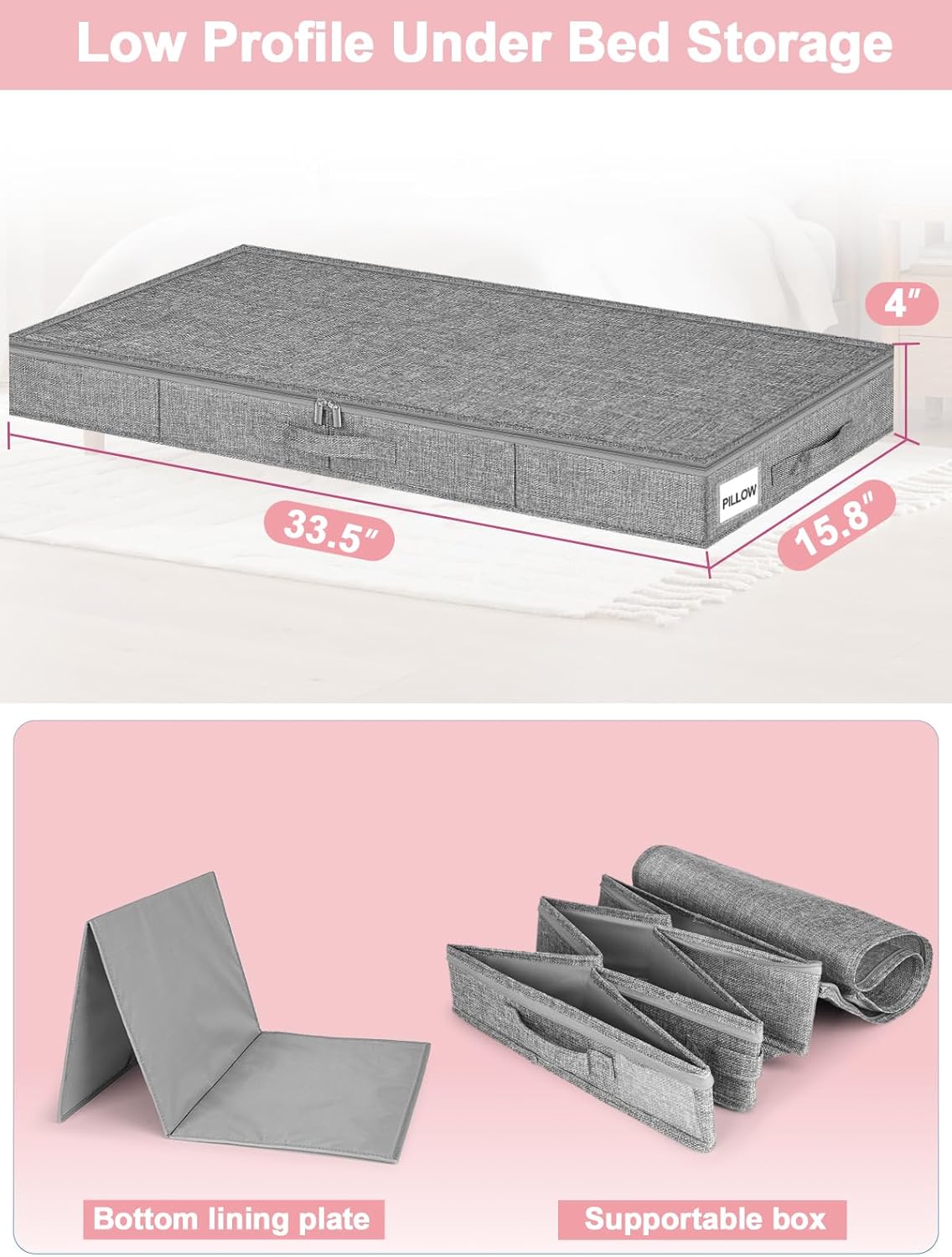 Low Profile Under Bed Storage Containers, 4" Tall Underbed Storage with Rigid Sidewalls & Bottom
