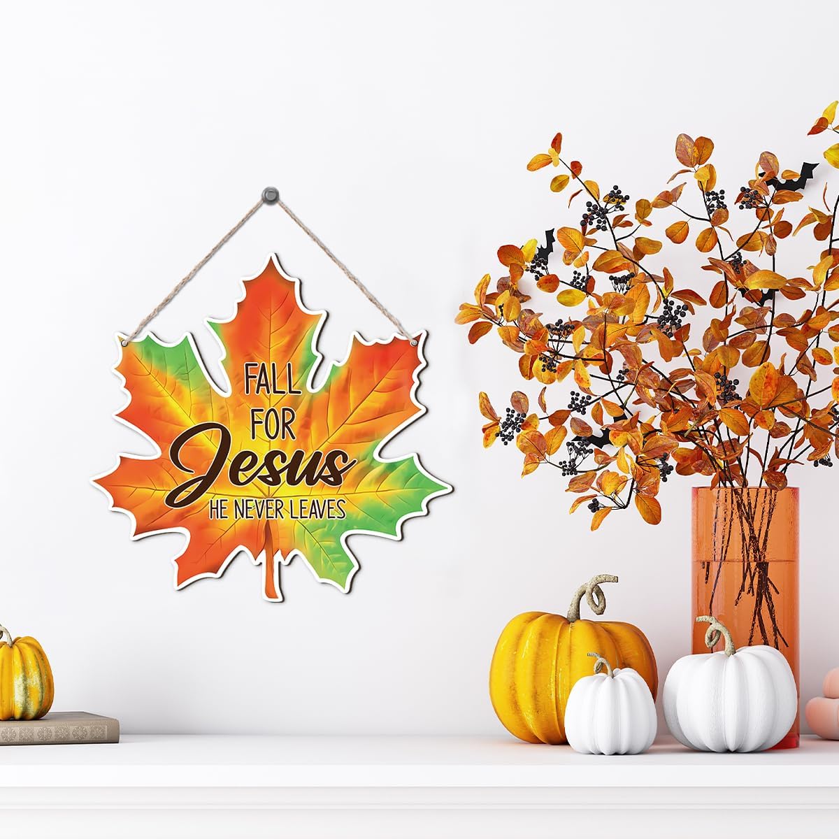 Maple Leaf Fall Decor, Fall for Jesus He Never Leaves Decor Sign Farmhouse Autumn Wreaths for Front
