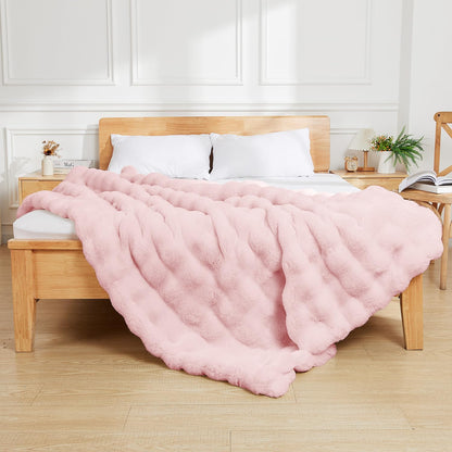Latepis Faux Fur Twin Blanket Plush Light Pink 60x80 Inch Cute Fluffy Warm Bubble Blankets for
