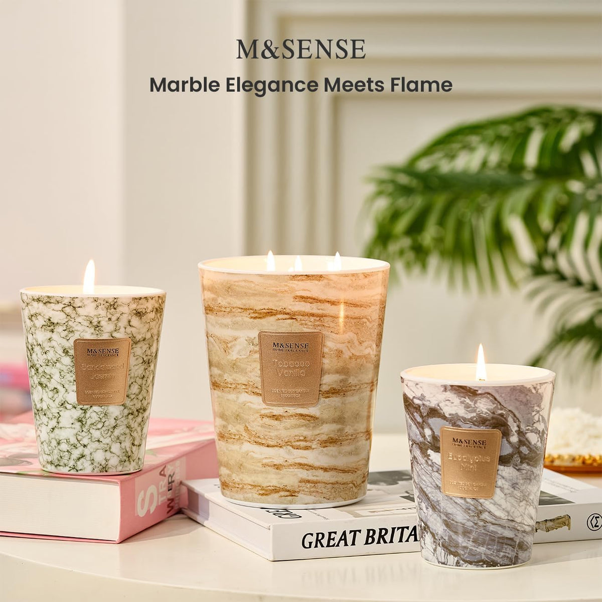 M&SENSE TobaccoVanilla Scented Candles for Home, 3-Wick Highly Scented Jar Candles, Extra Large