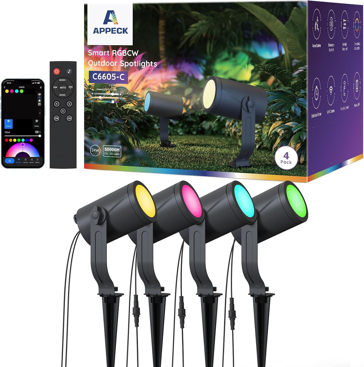 Smart Outdoor Spot Lights 24W, RGBCW Color Changing Landscape Lights 4 Pack, IP65 Waterproof Low