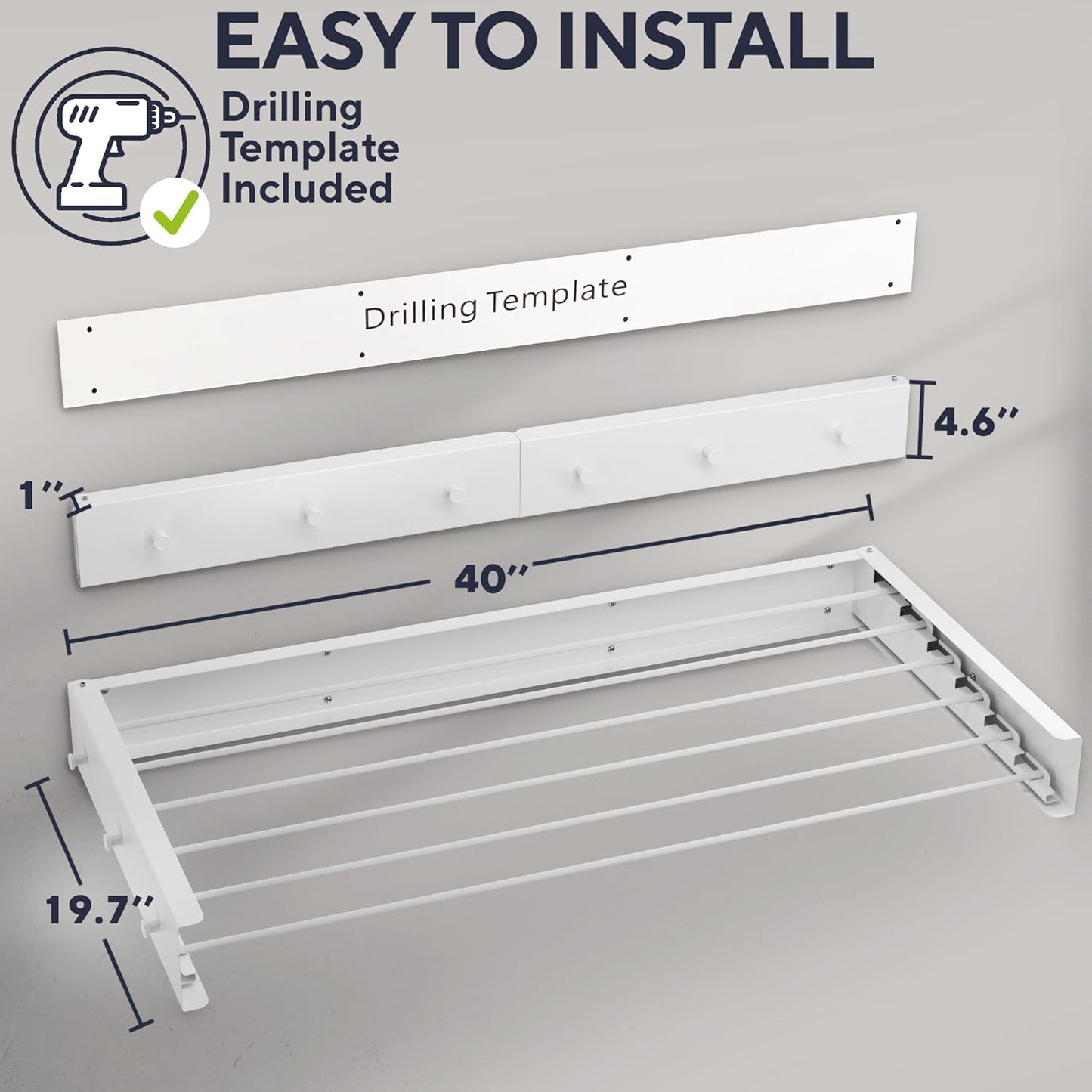 Foldable Wall Mounted Drying Rack 40 inch - Easy to Install Hanging Rack for Laundry Room - Space